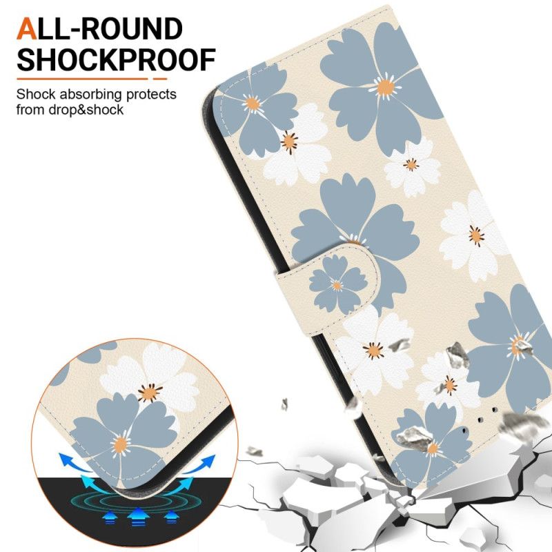 Flip Cover Poco C85 Grå Og Hvide Blomster