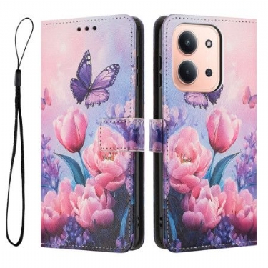 Flip Cover Poco C85 Lyserød Blomsterprint Mønster
