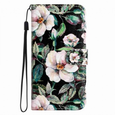 Læder Cover Poco C85 Telefon Etui Hvide Blomster