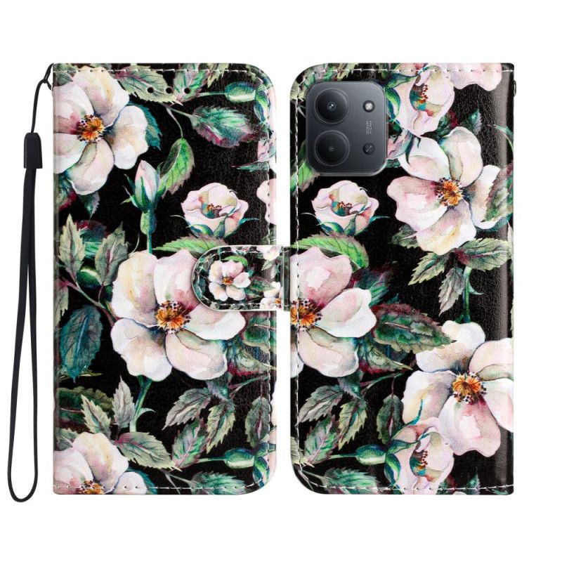 Læder Cover Poco C85 Telefon Etui Hvide Blomster
