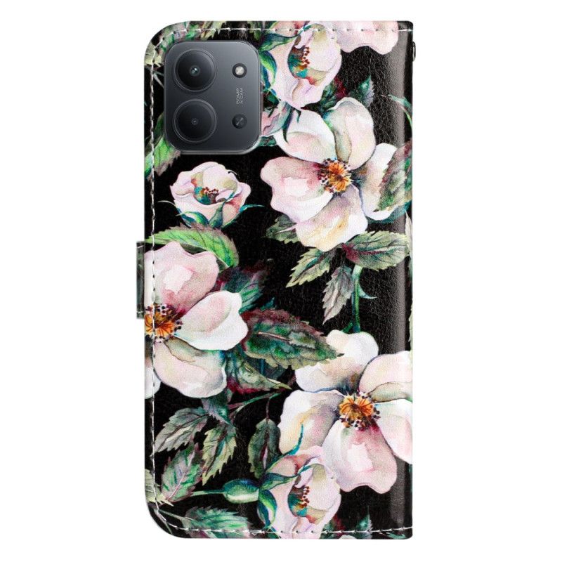 Læder Cover Poco C85 Telefon Etui Hvide Blomster