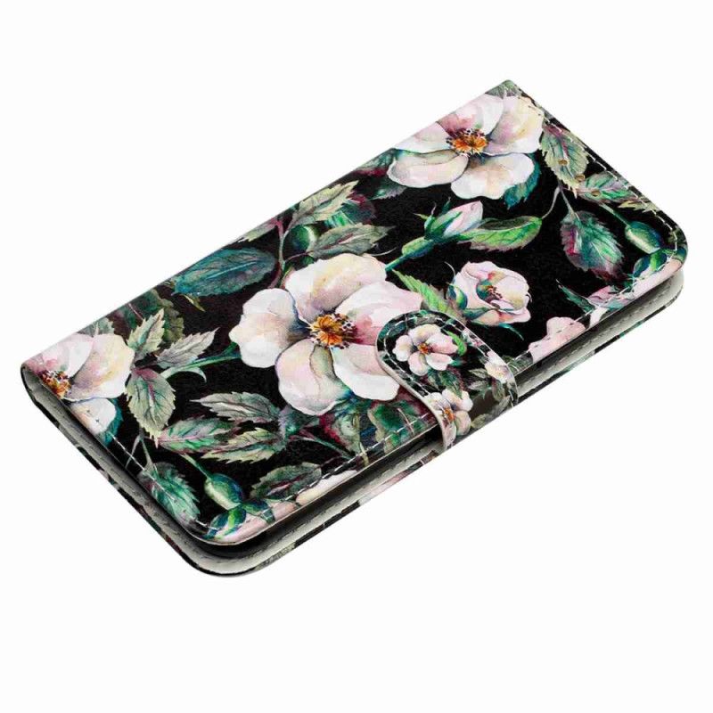 Læder Cover Poco C85 Telefon Etui Hvide Blomster
