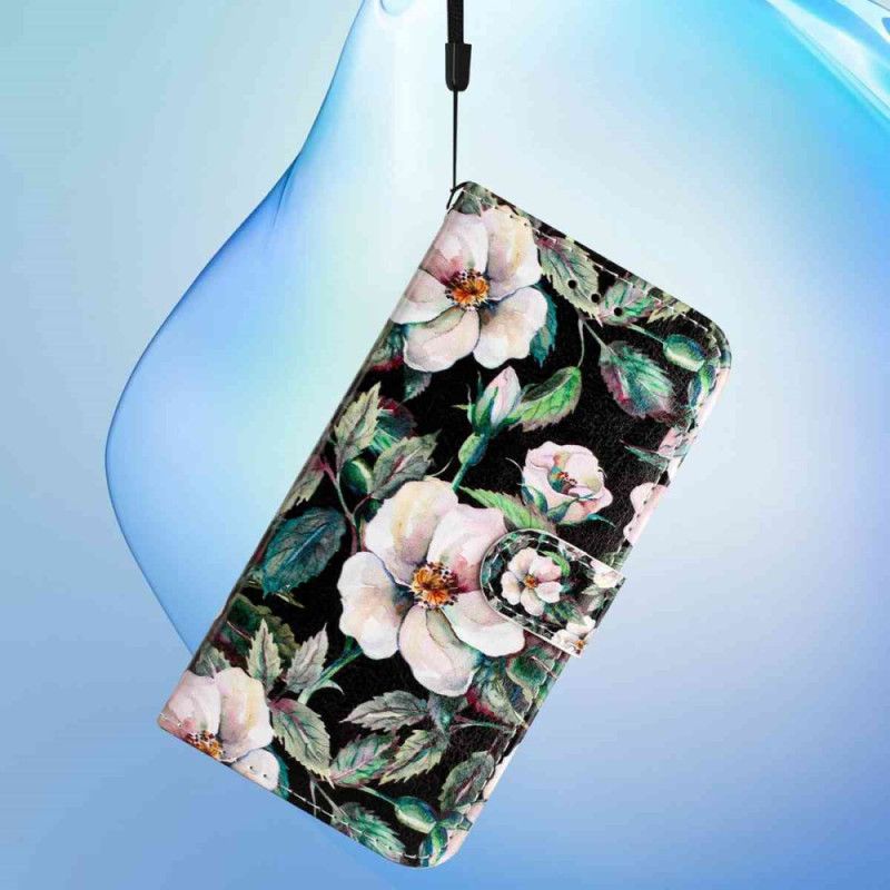 Læder Cover Poco C85 Telefon Etui Hvide Blomster