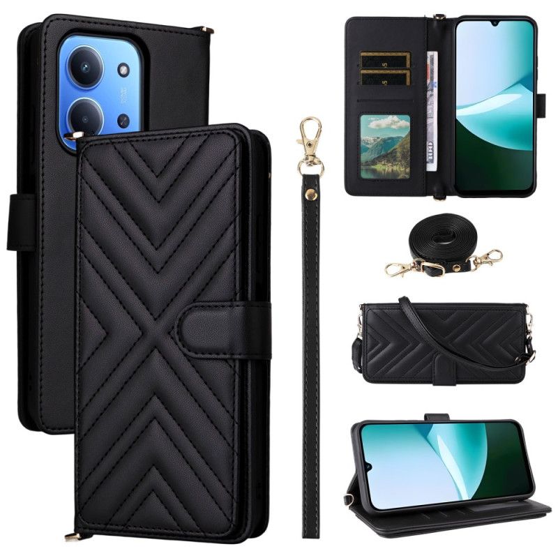 Læder Cover Poco C85 Telefon Etui Quiltet Design Med Rem Og Skulderrem