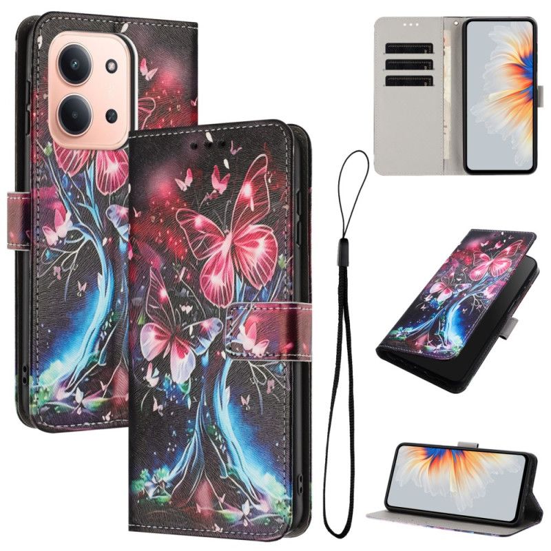 Læder Cover Poco C85 Telefon Etui Sommerfugletræ