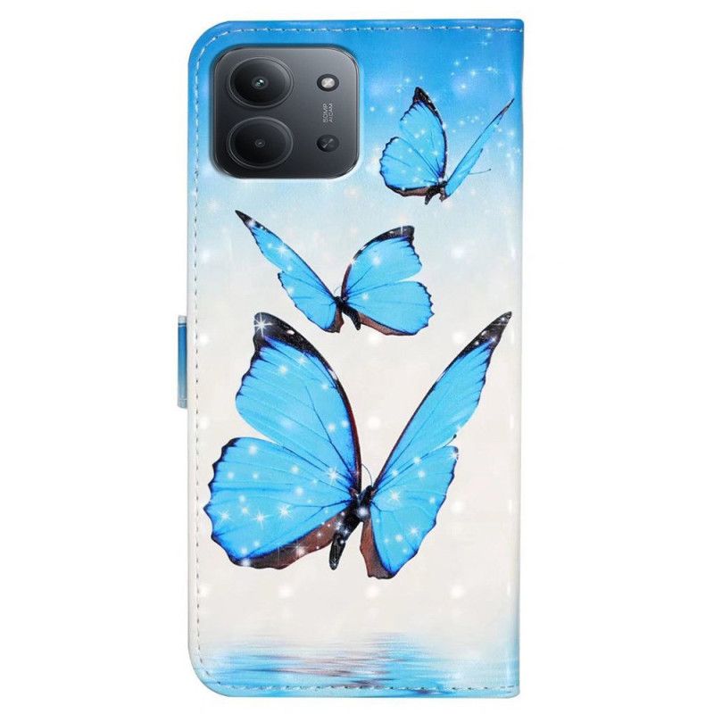 Læder Cover Poco C85 Telefon Etui Tre Sommerfugle