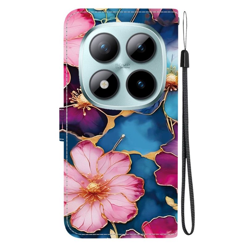 Læder Cover Xiaomi Redmi Note 15 Pro 5g Telefon Etui Blå Og Gyldne Blomster