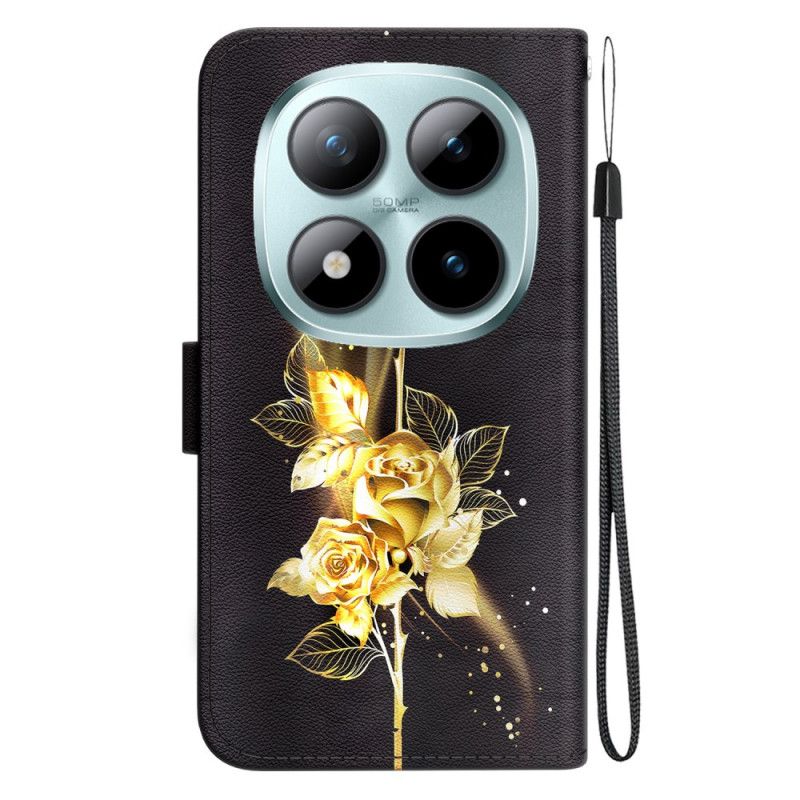 Læder Cover Xiaomi Redmi Note 15 Pro 5g Telefon Etui Gylden Sommerfugl Og Roser