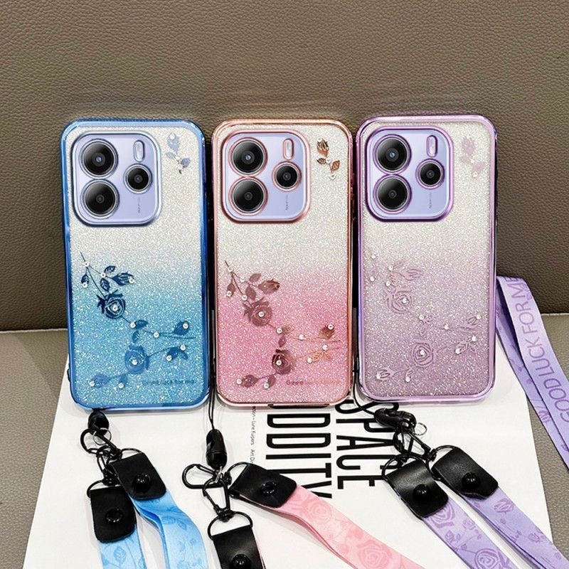 Cover Xiaomi Redmi Note 14 4g Rhinsten Og Blomster Med Snor