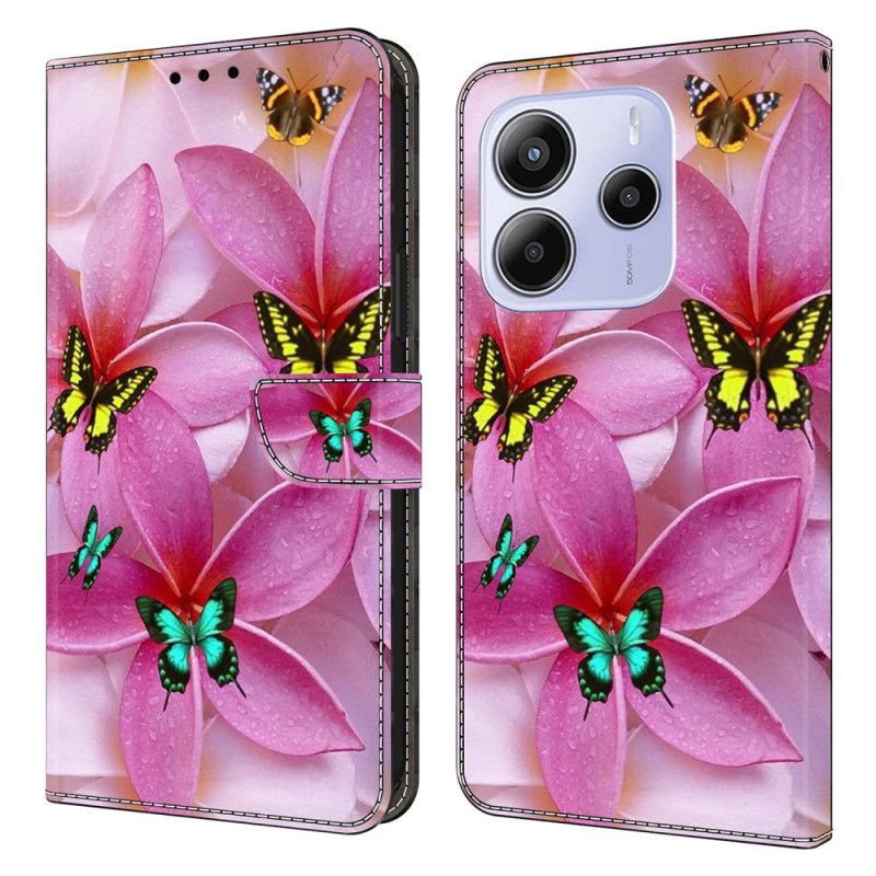 Flip Cover Til Xiaomi Redmi Note 14 4g Lyserøde Sommerfugle Og Blomster