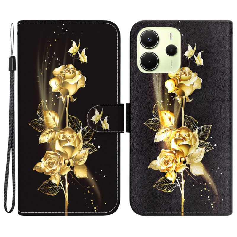 Flip Cover Xiaomi Redmi Note 14 4g Guld Og Lyserøde Sommerfugle
