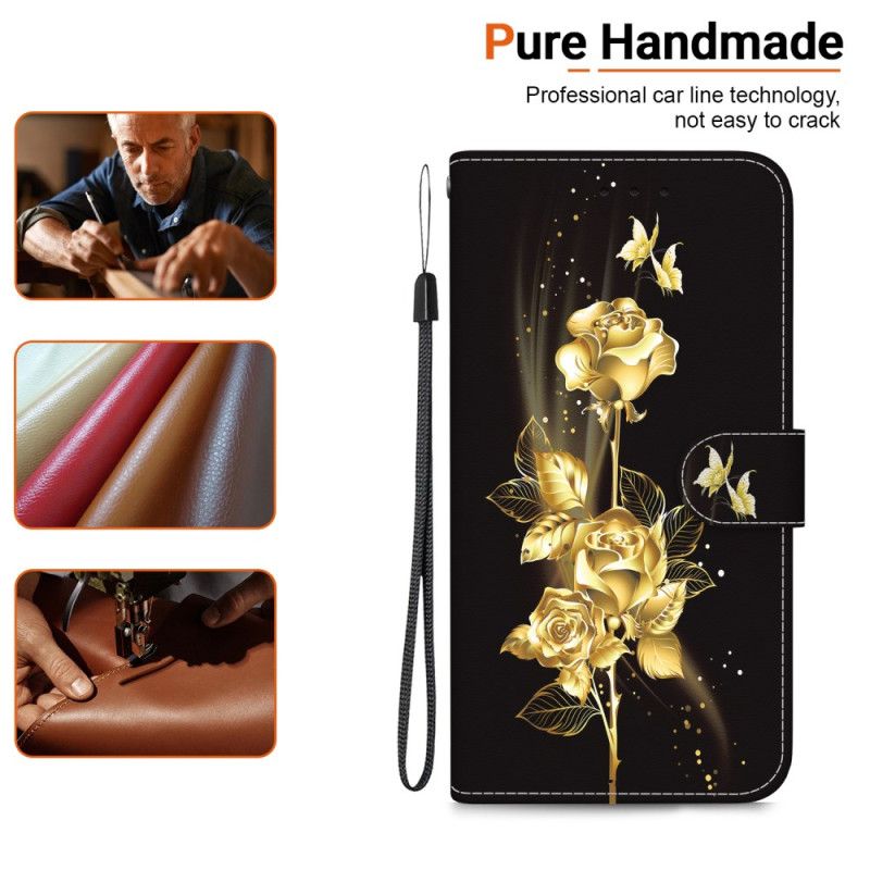 Flip Cover Xiaomi Redmi Note 14 4g Guld Og Lyserøde Sommerfugle
