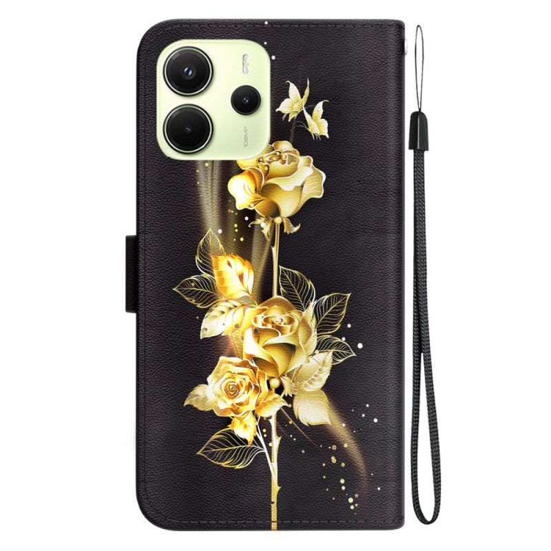 Flip Cover Xiaomi Redmi Note 14 4g Guld Og Lyserøde Sommerfugle