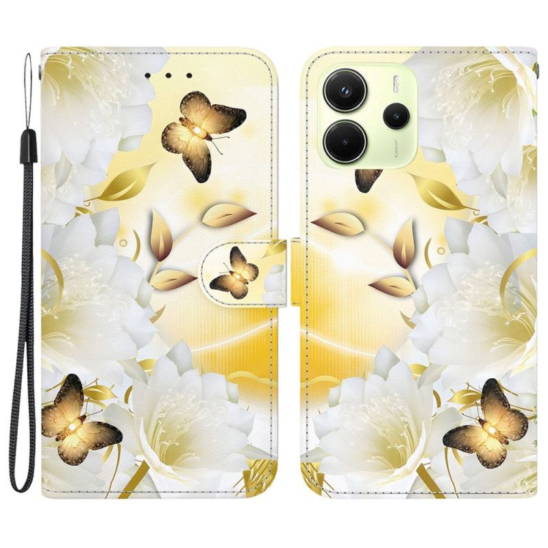 Læder Cover Xiaomi Redmi Note 14 4g Guld Sommerfugle Og Blomster