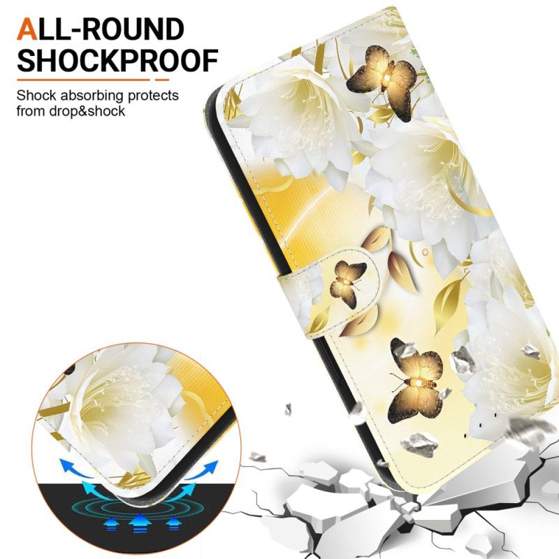 Læder Cover Xiaomi Redmi Note 14 4g Guld Sommerfugle Og Blomster