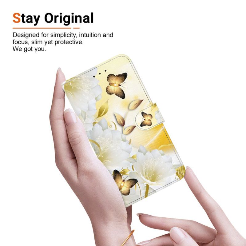 Læder Cover Xiaomi Redmi Note 14 4g Guld Sommerfugle Og Blomster