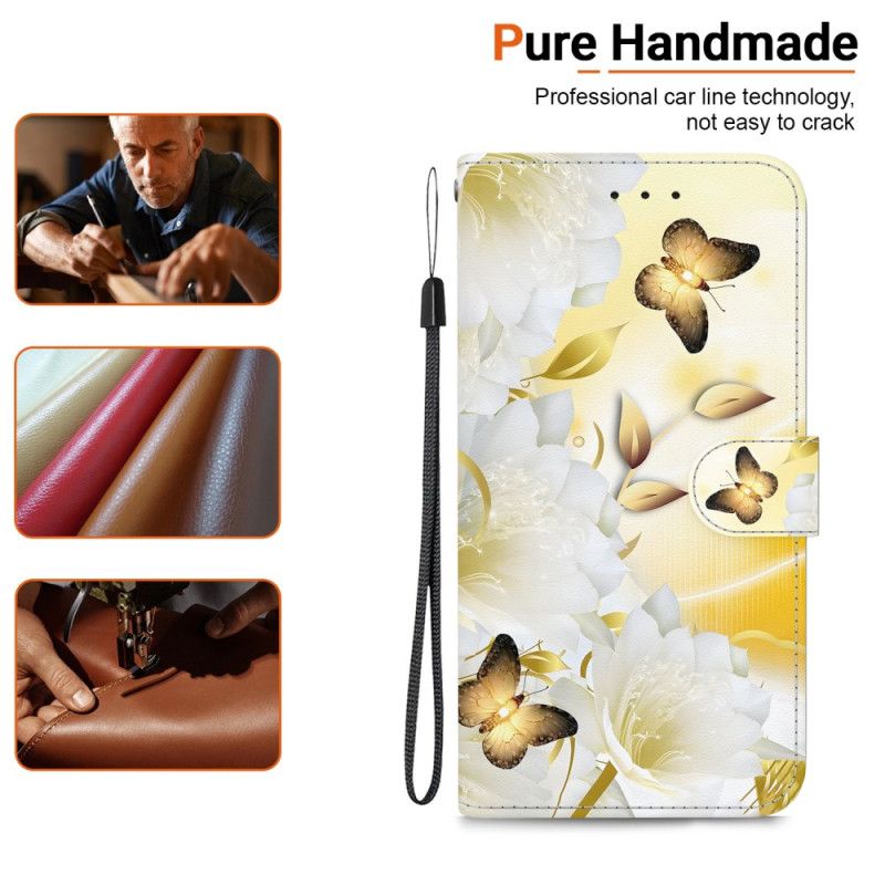 Læder Cover Xiaomi Redmi Note 14 4g Guld Sommerfugle Og Blomster