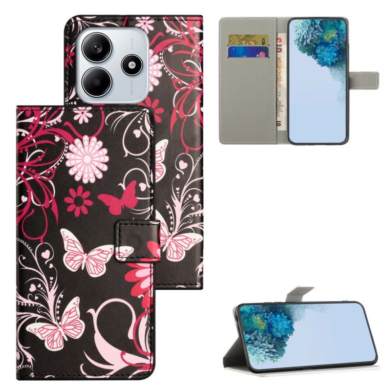 Læder Cover Xiaomi Redmi Note 14 4g Sommerfugle På Sort Baggrund