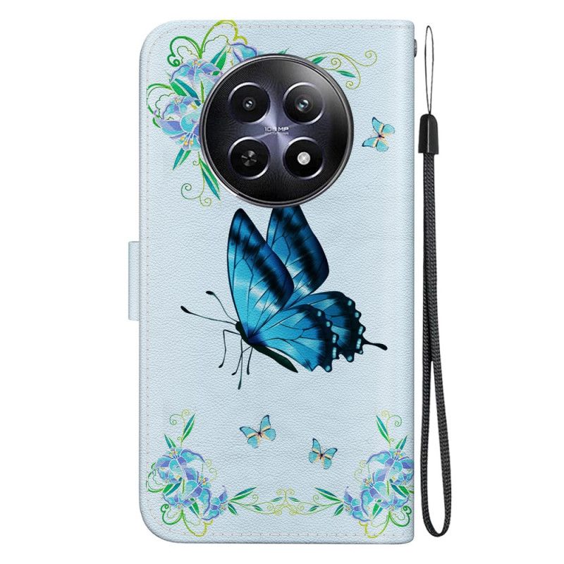 Flip Cover Til Realme 12 / 12x 5g Blå Sommerfugl Og Blomster Med Rem