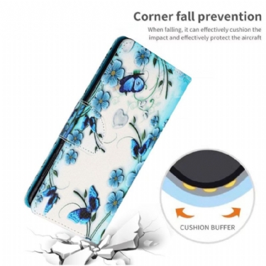 Etui Samsung Galaxy A22 5G Blå Blomster Og Sommerfugle