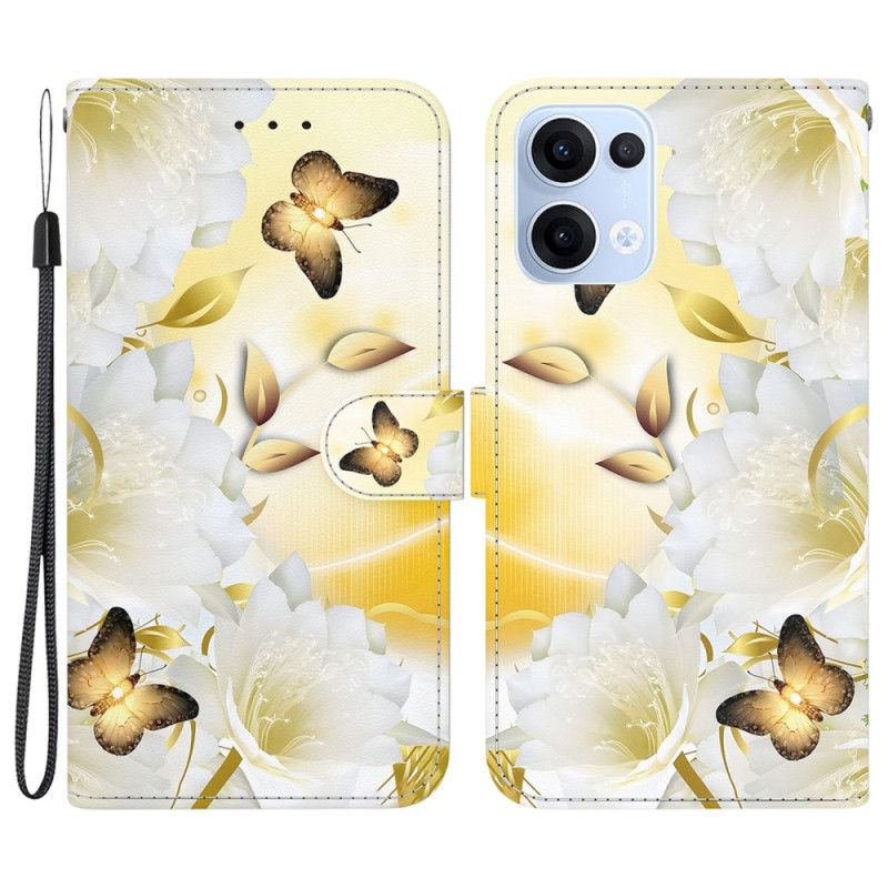 Flip Cover Oppo Reno 13 5g Guldsommerfugle Og Hvide Blomster