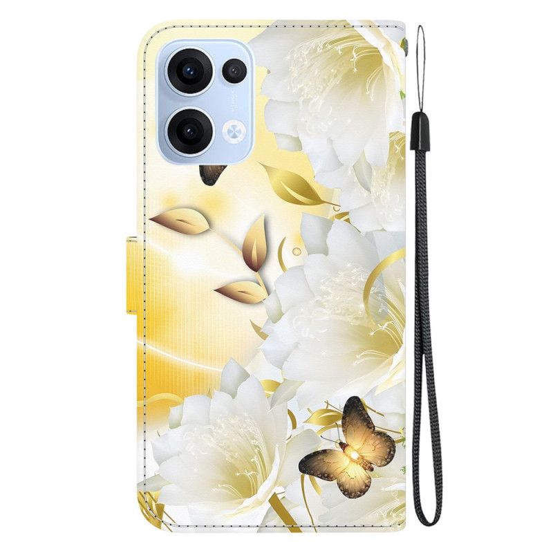 Flip Cover Oppo Reno 13 5g Guldsommerfugle Og Hvide Blomster