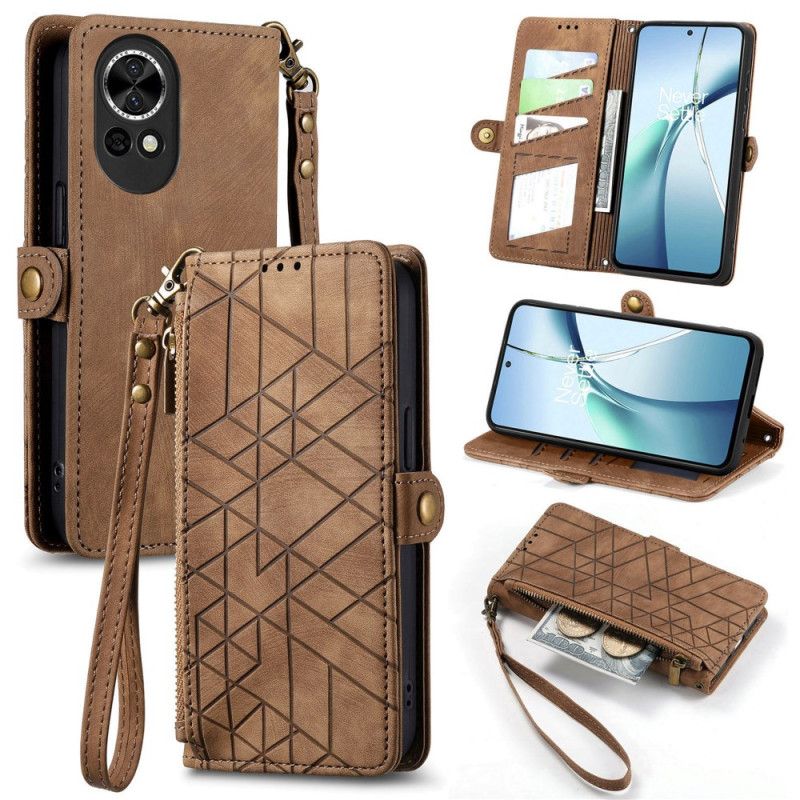 Læder Cover Huawei Nova 13 Pung Med Geometrisk Mønster Og Lynlås
