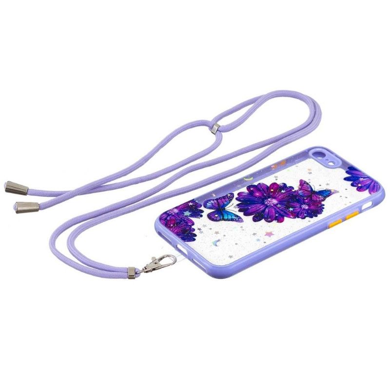 Cover iPhone SE 2022 Med Snor Lilla Blomster Og Sommerfugle