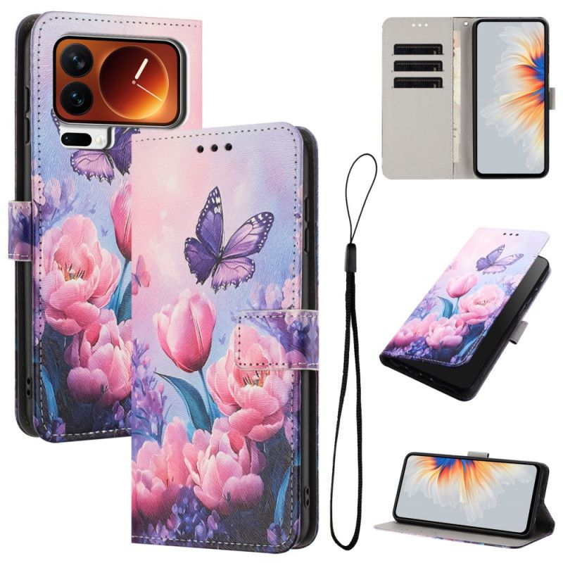 Flip Cover Xiaomi 17 Pro Max Sommerfugl Og Lyserøde Blomster