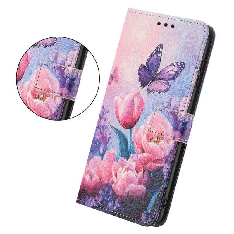 Flip Cover Xiaomi 17 Pro Max Sommerfugl Og Lyserøde Blomster