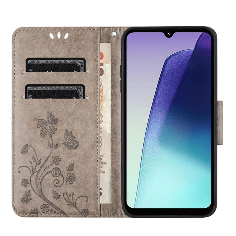 Flip Cover Poco C75 Blomster Og Sommerfugle Med Snor