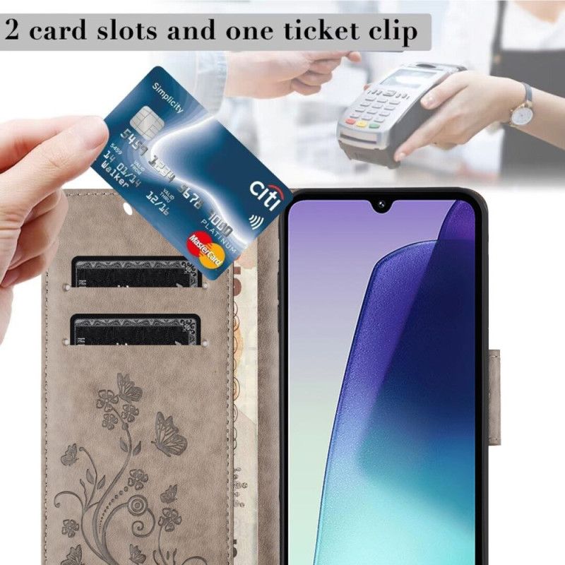 Flip Cover Poco C75 Blomster Og Sommerfugle Med Snor