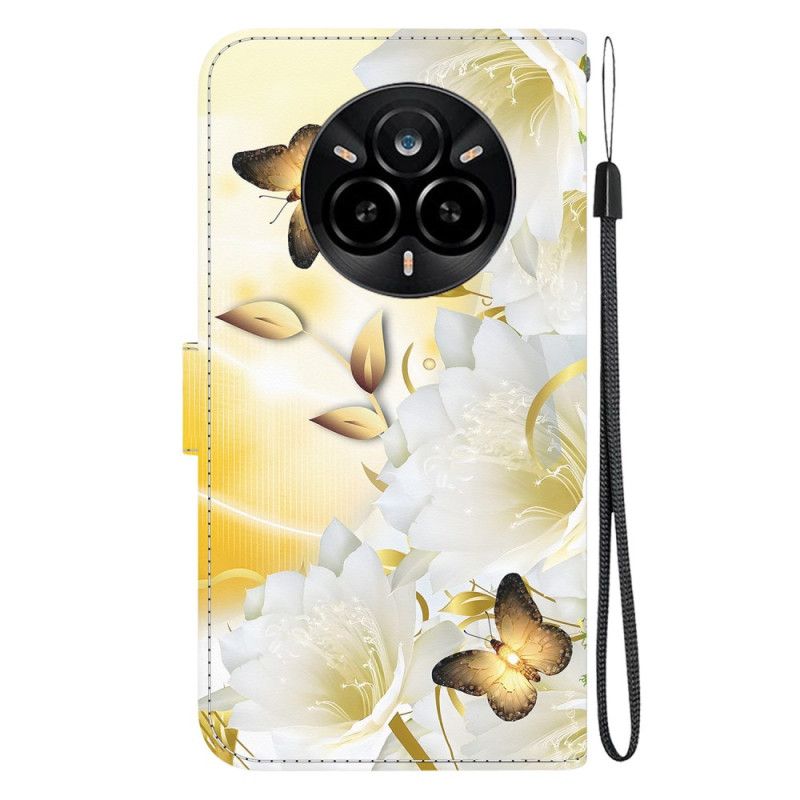 Læder Cover Realme 14 Pro 5g Telefon Etui Gyldne Sommerfugle Og Hvide Blomster