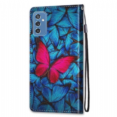 Flip Cover Samsung Galaxy M52 5G Hemming Blå Og Pink Sommerfugle