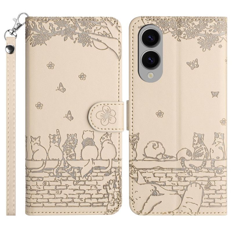 Læder Cover Samsung Galaxy S25 5g Edge Telefon Etui Kattedesign Med Rem