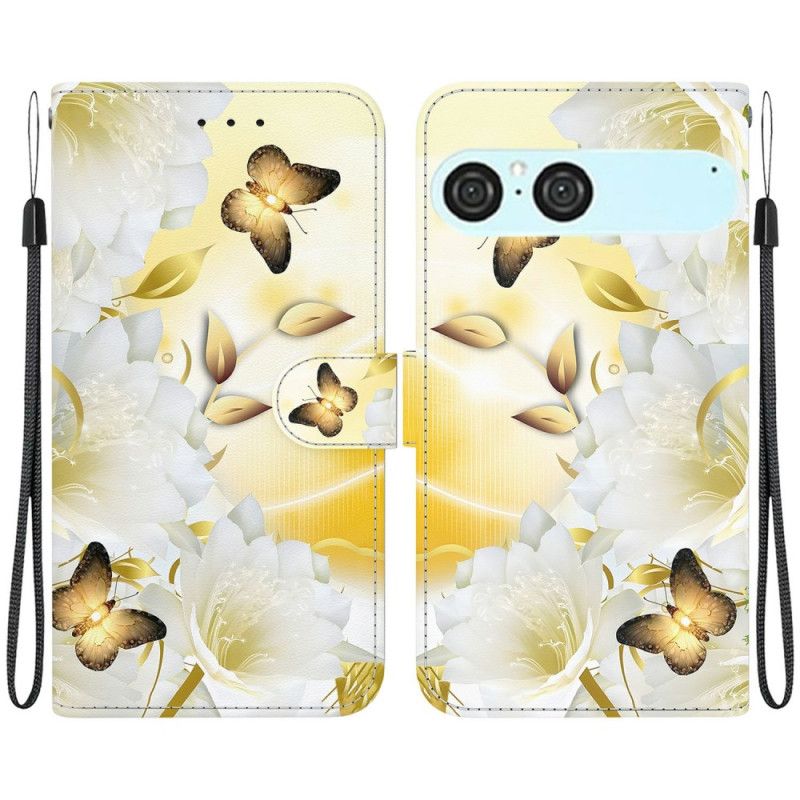 Flip Cover Sony Xperia 10 Vii Guldsommerfugle Og Hvide Blomster