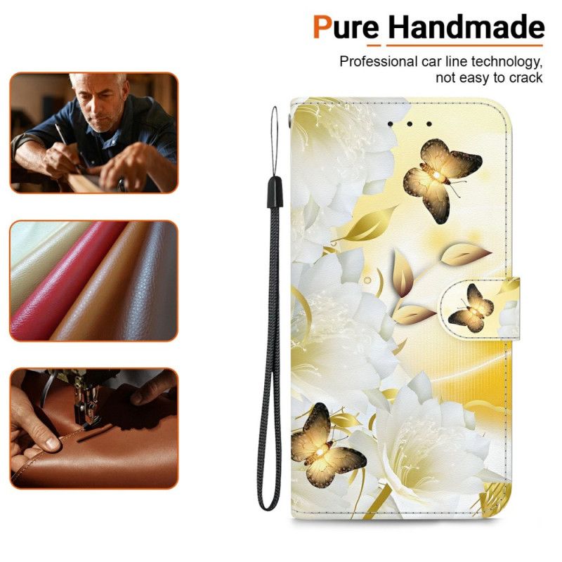 Flip Cover Sony Xperia 10 Vii Guldsommerfugle Og Hvide Blomster