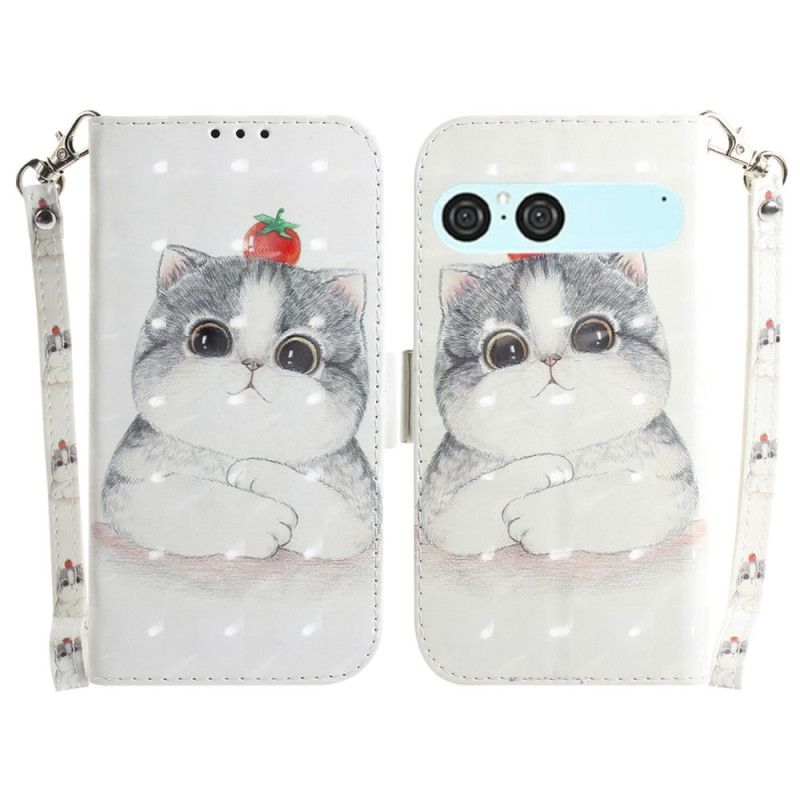 Læder Cover Sony Xperia 10 Vii Telefon Etui Kat Og Jordbær-snor