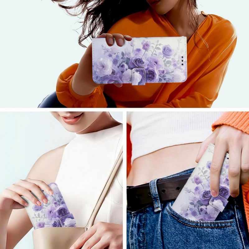 Læder Cover Sony Xperia 10 Vii Telefon Etui Lilla Roser