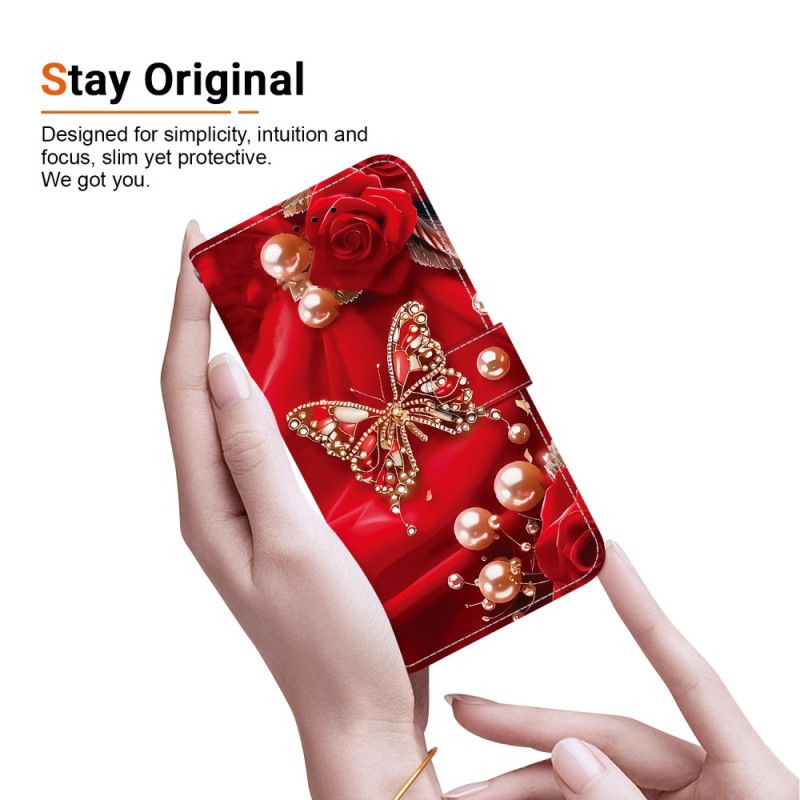 Flip Cover Samsung Galaxy A17 4g / 5g Guld Og Perlesommerfugl