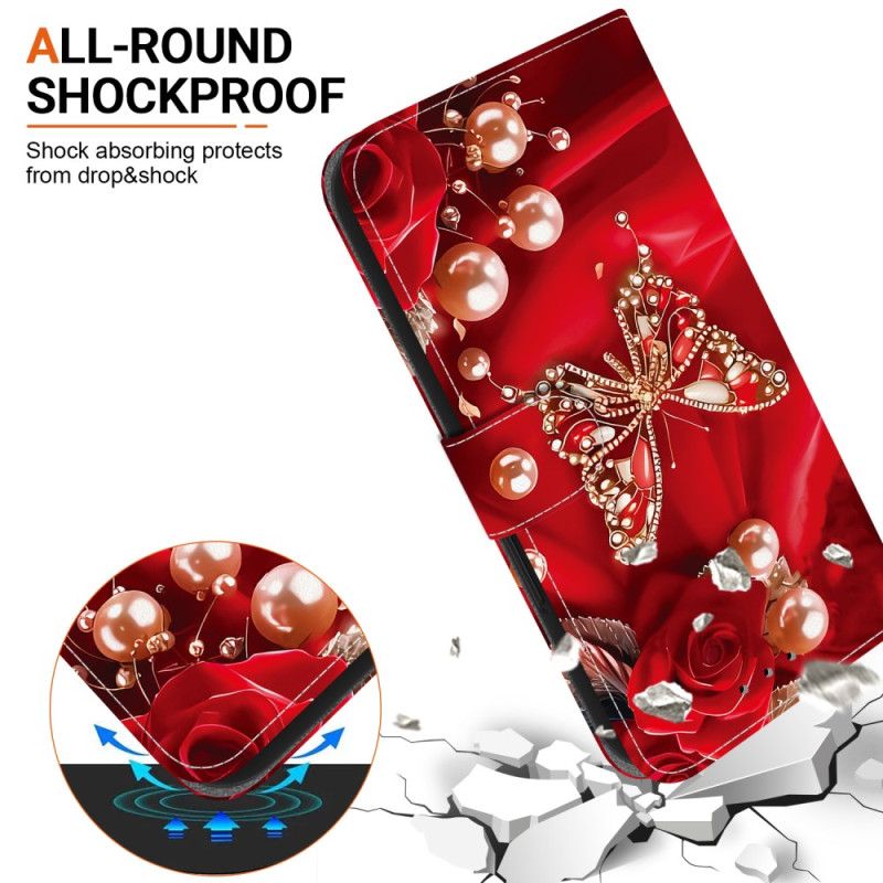 Flip Cover Samsung Galaxy A17 4g / 5g Guld Og Perlesommerfugl
