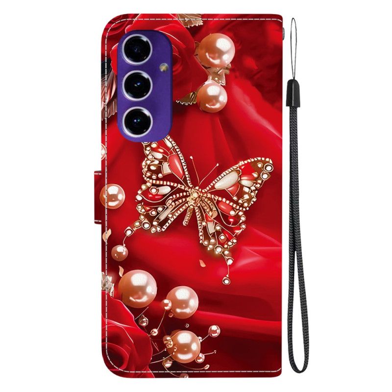 Flip Cover Samsung Galaxy A17 4g / 5g Guld Og Perlesommerfugl