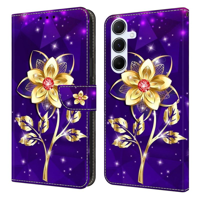 Læder Cover Samsung Galaxy A17 4g / 5g Telefon Etui Guldblomst På En Lilla Baggrund