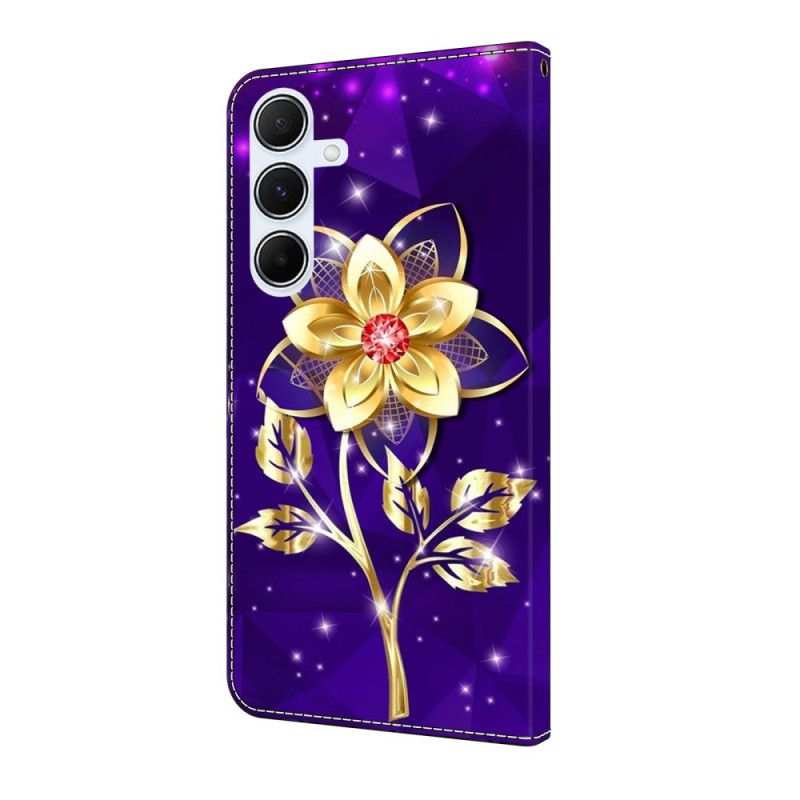 Læder Cover Samsung Galaxy A17 4g / 5g Telefon Etui Guldblomst På En Lilla Baggrund