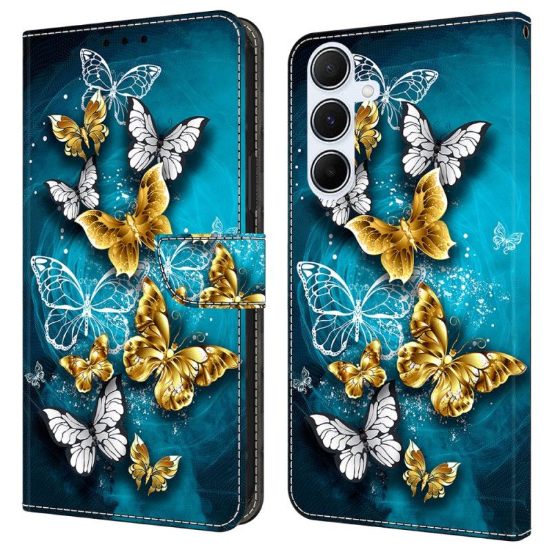 Læder Cover Samsung Galaxy A17 4g / 5g Telefon Etui Guldsommerfugle På Grøn Baggrund