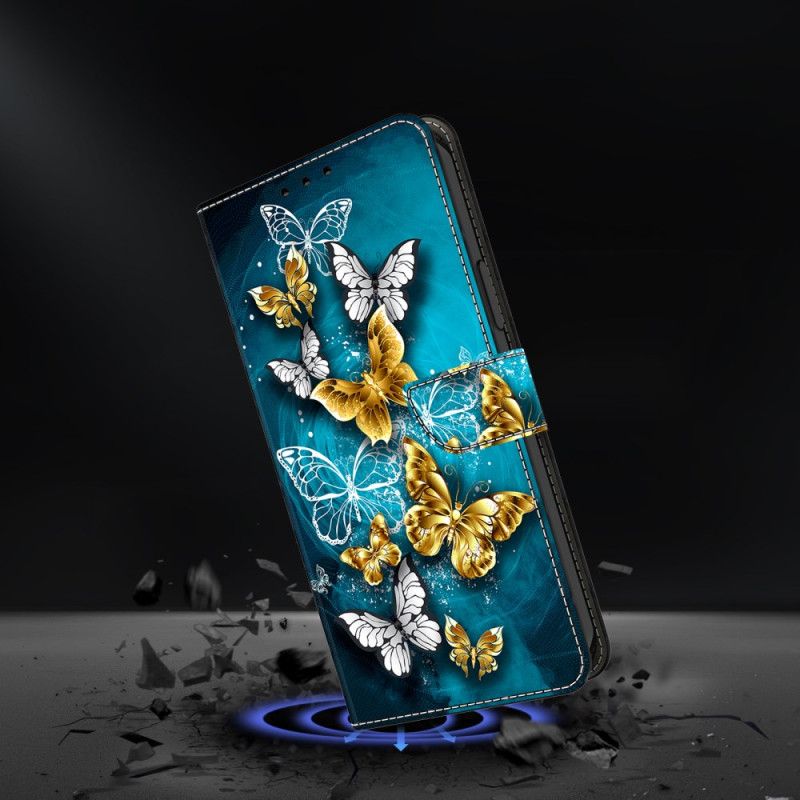 Læder Cover Samsung Galaxy A17 4g / 5g Telefon Etui Guldsommerfugle På Grøn Baggrund