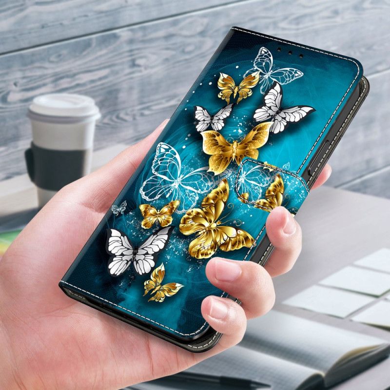 Læder Cover Samsung Galaxy A17 4g / 5g Telefon Etui Guldsommerfugle På Grøn Baggrund