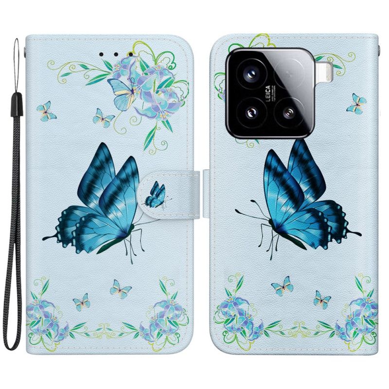 Flip Cover Xiaomi 15 Blå Sommerfugle Og Blomster