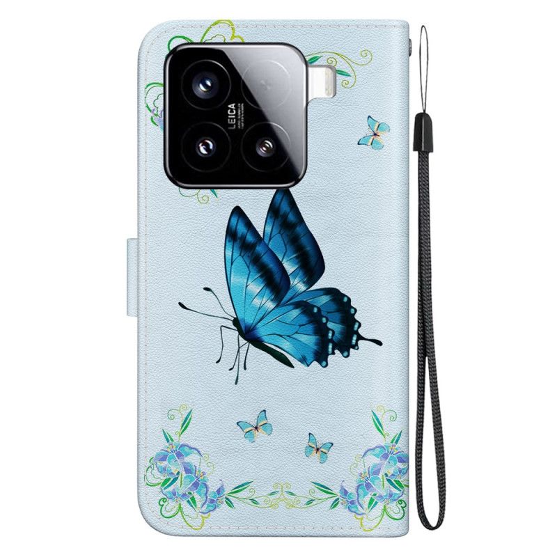 Flip Cover Xiaomi 15 Blå Sommerfugle Og Blomster