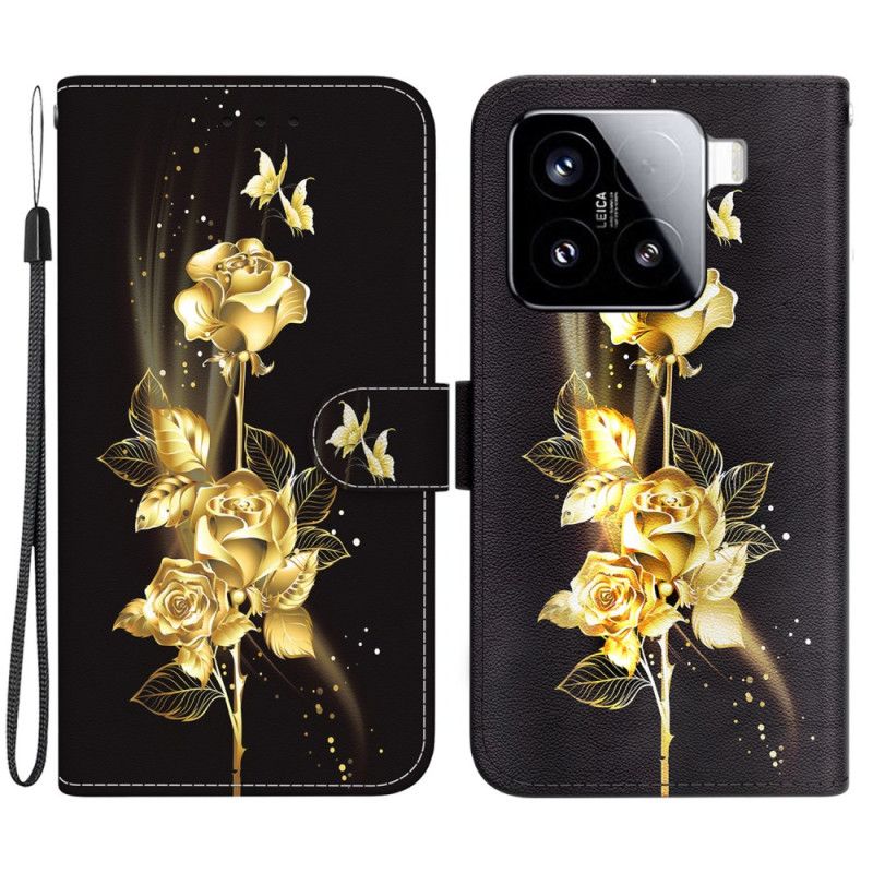 Flip Cover Xiaomi 15 Guld Og Lyserøde Sommerfugle